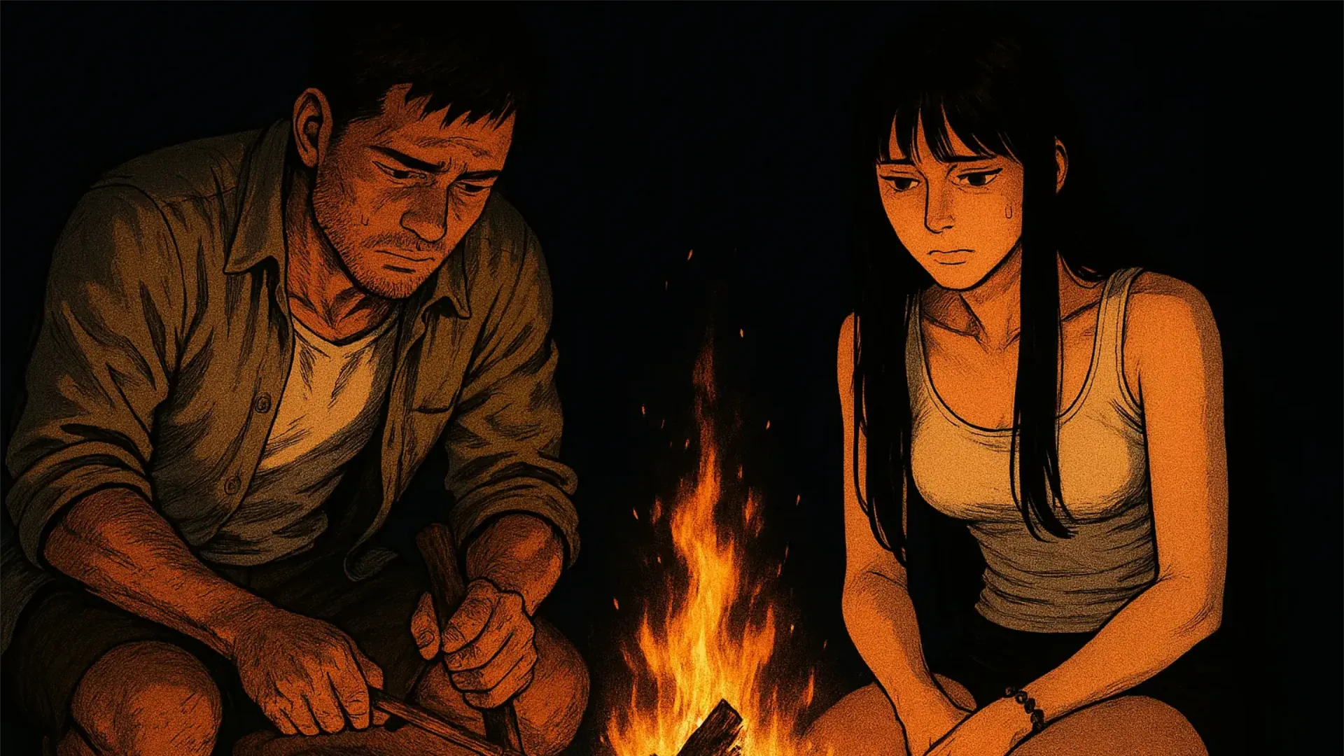 Anderson et Juliana autour du feu de camp la nuit